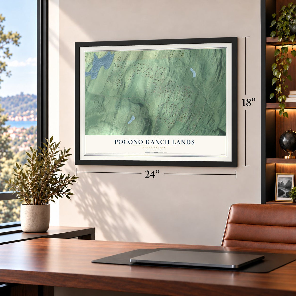Pocono Ranch Lands, Pennsylvania map, 18 x 24 inch print in a black frame in a home office