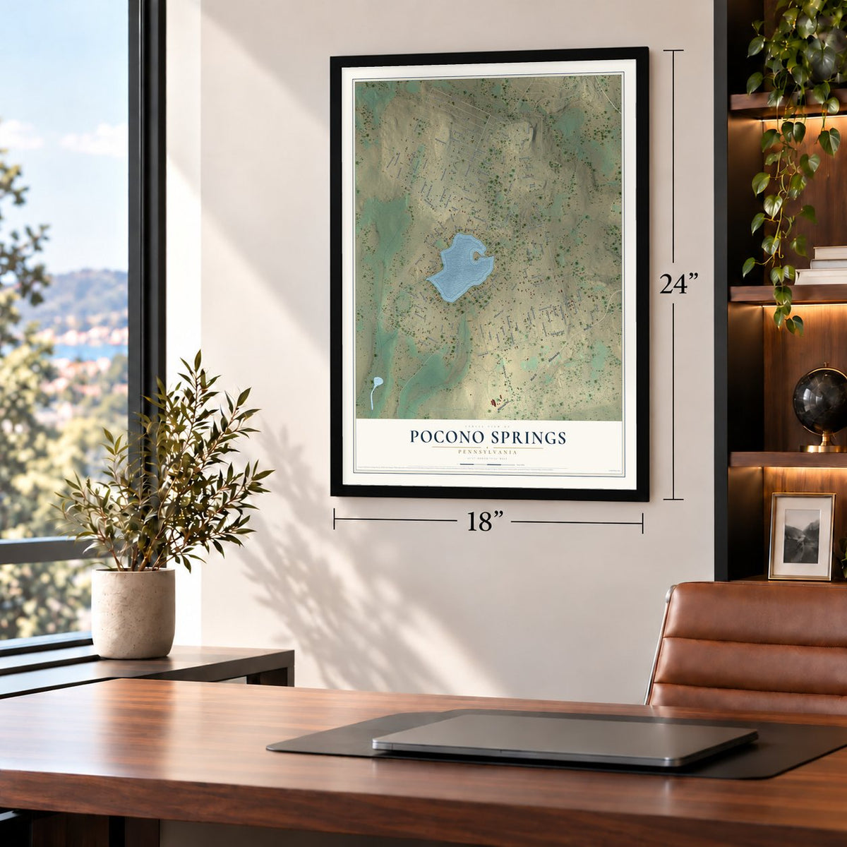 Pocono Springs, Pennsylvania map, 18 x 24 inch print in a black frame in a home office