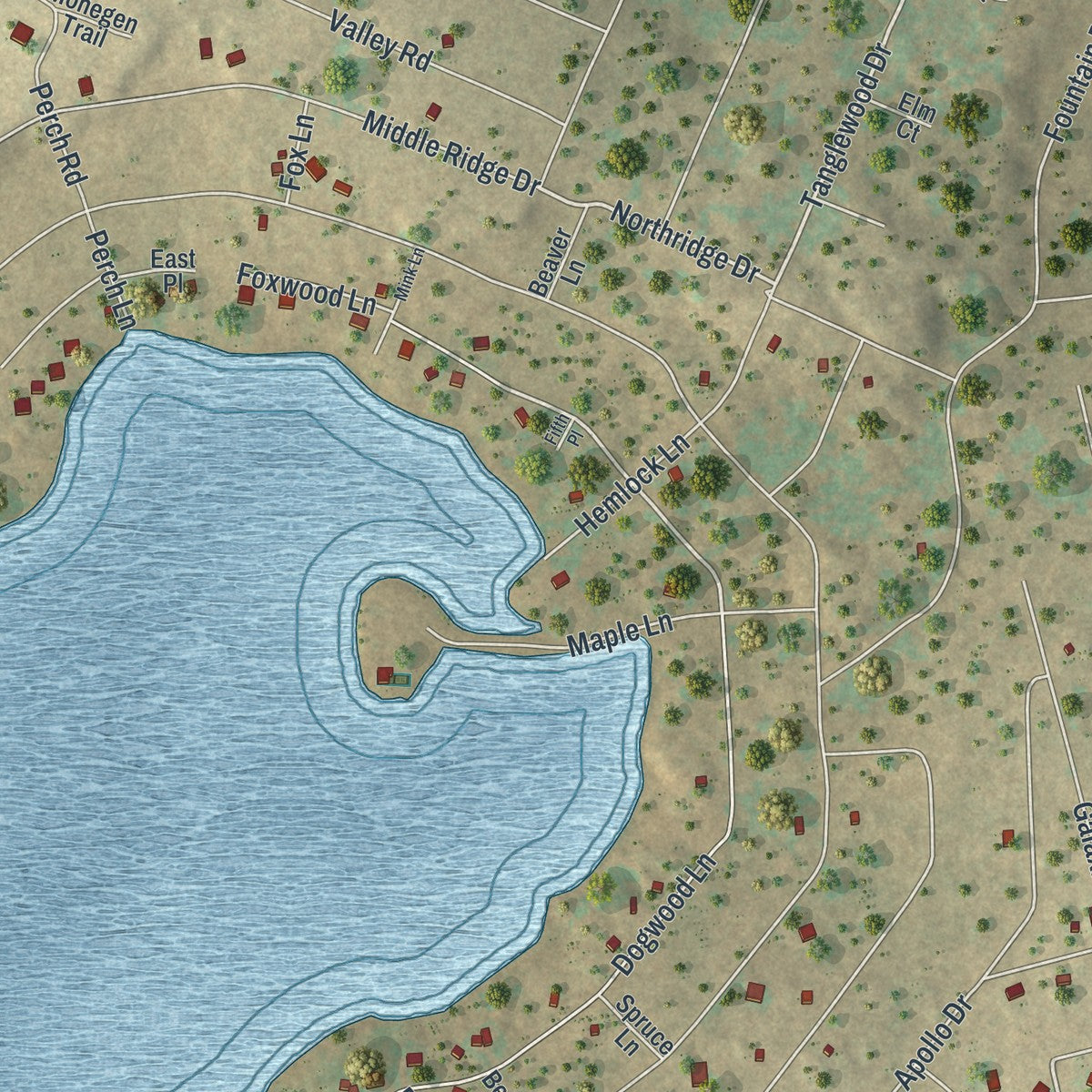 Close-up of the map of Pocono Springs, Pennsylvania print showing street and building detail