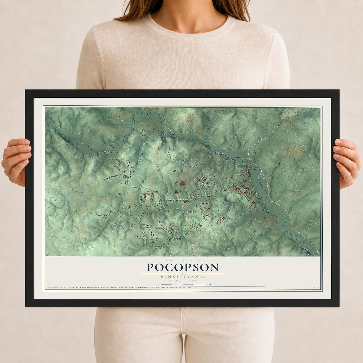 Map of Pocopson, Pennsylvania, 12 x 18 inch print in a black wood frame