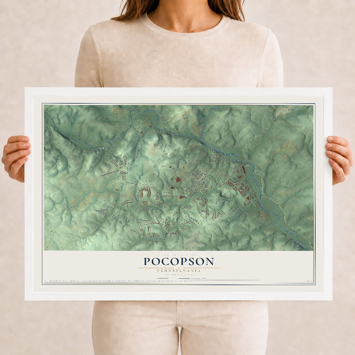 Map of Pocopson, Pennsylvania, 12 x 18 inch print in a white wood frame