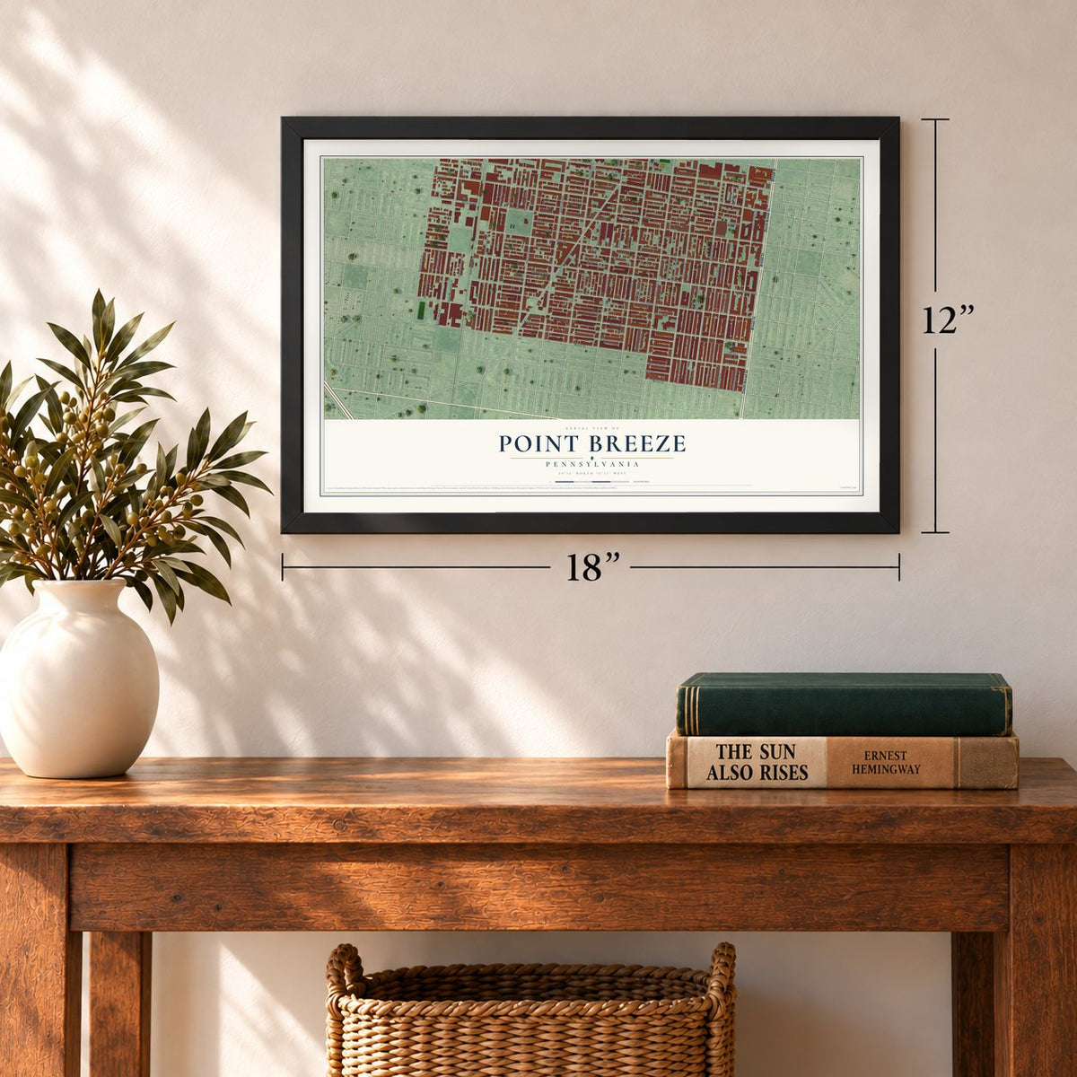 Point Breeze, Philadelphia, Pennsylvania map, 12 x 18 inch print in a black frame in an entryway