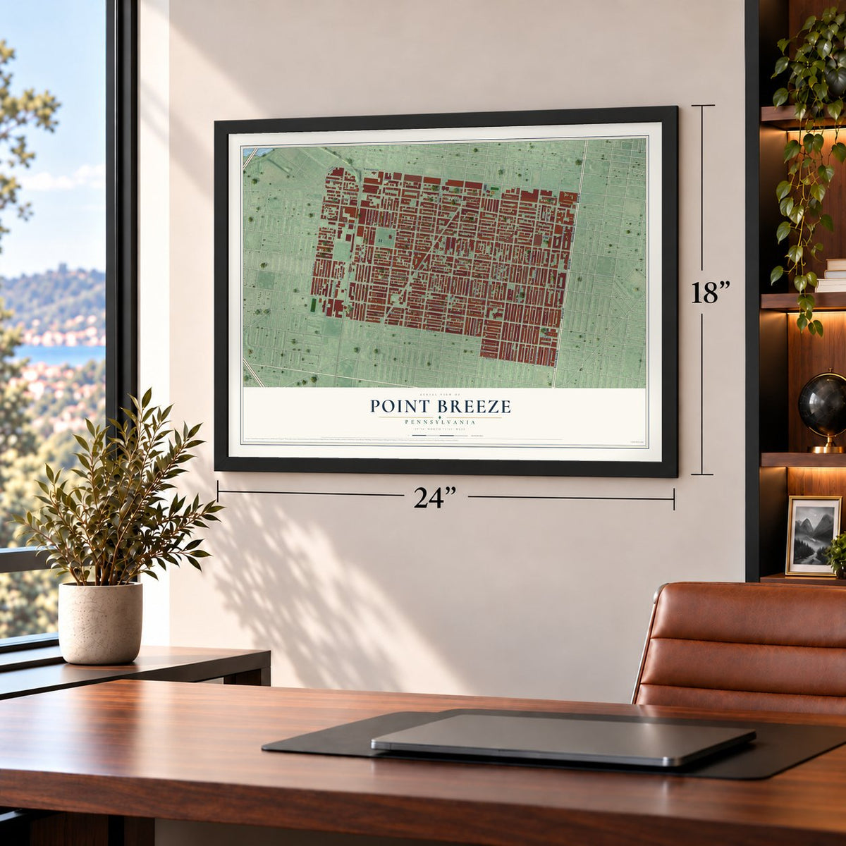 Point Breeze, Philadelphia, Pennsylvania map, 18 x 24 inch print in a black frame in a home office