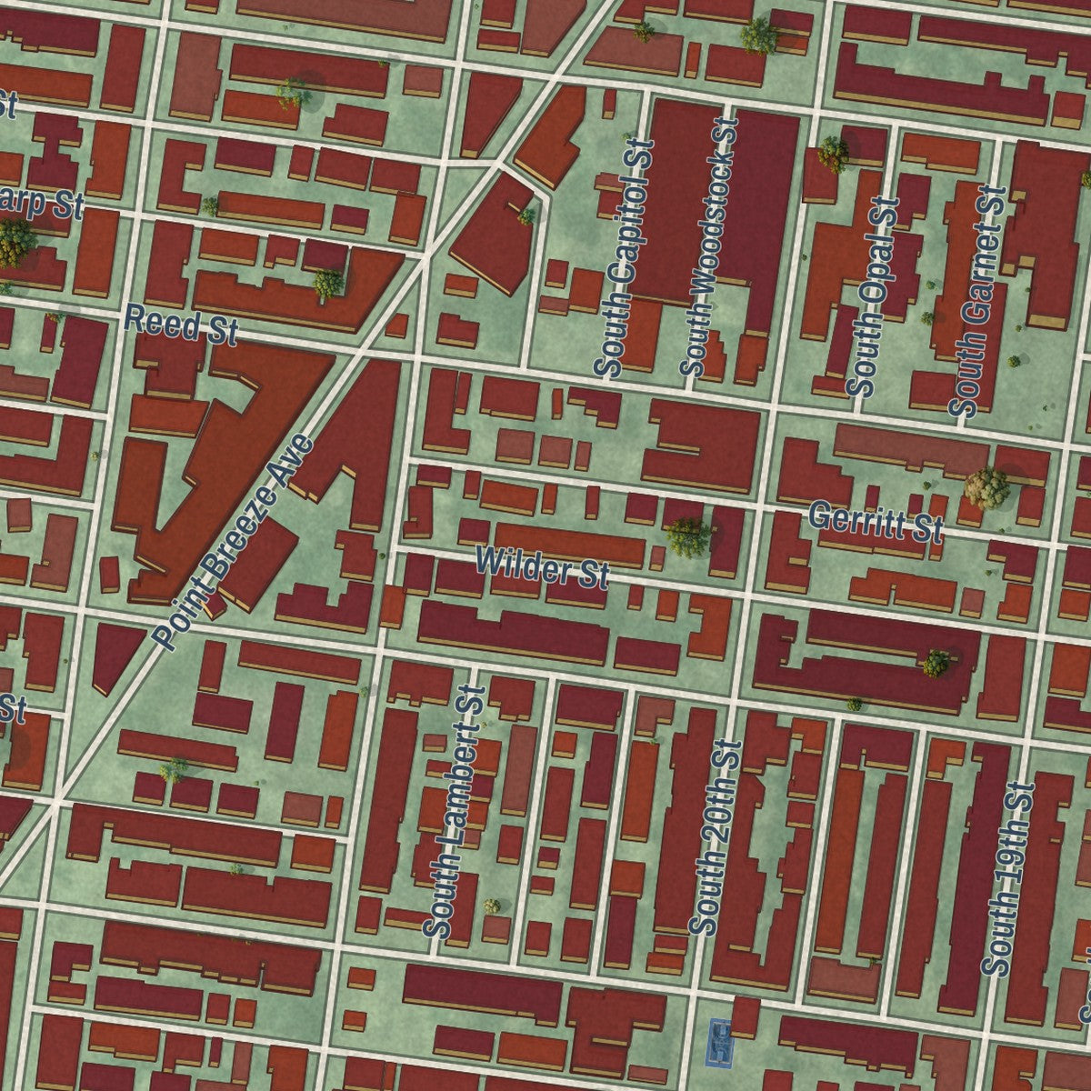 Close-up of the map of Point Breeze, Philadelphia, Pennsylvania print showing street and building detail