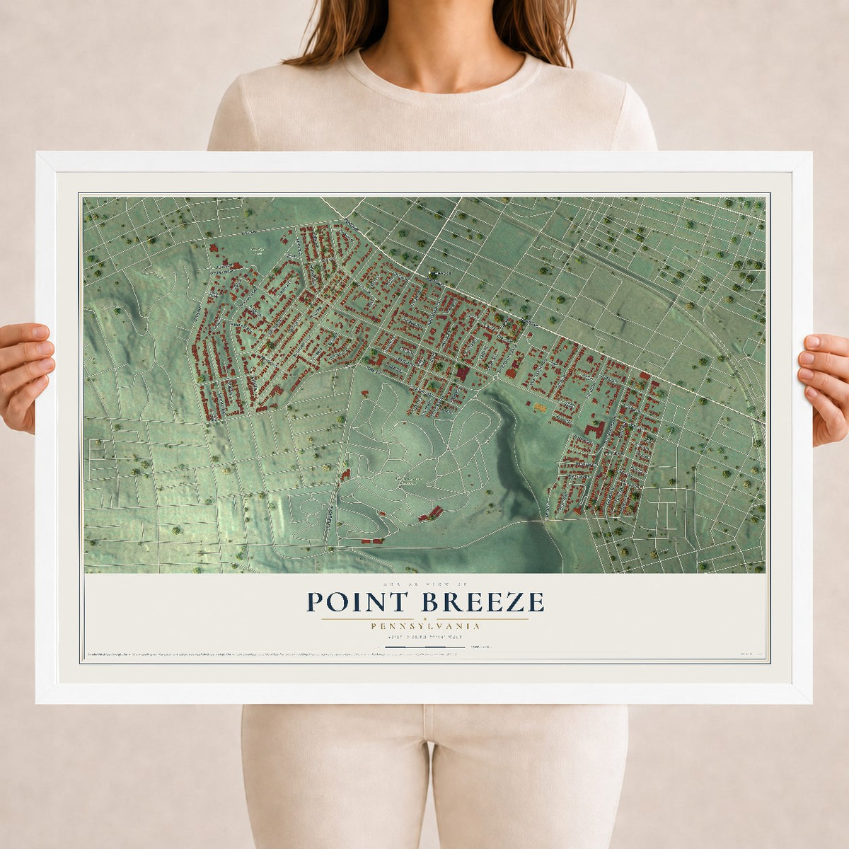 Map of Point Breeze, Pennsylvania, 18 x 24 inch print in a white wood frame