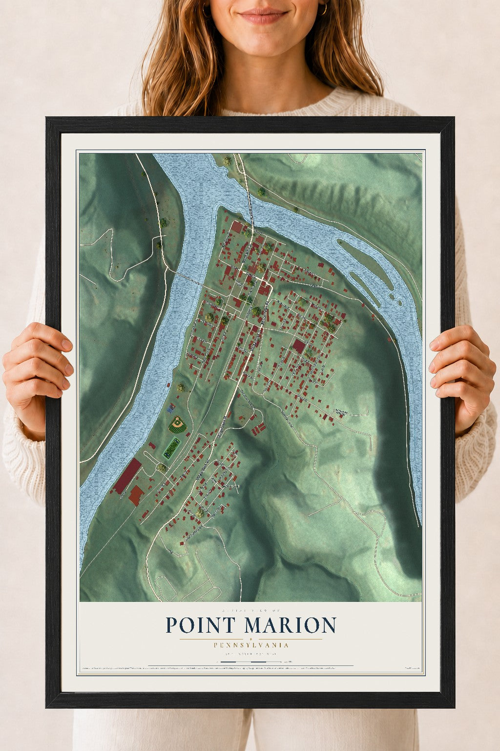 Map of Point Marion, Pennsylvania, 18 x 24 inch print in a black wood frame
