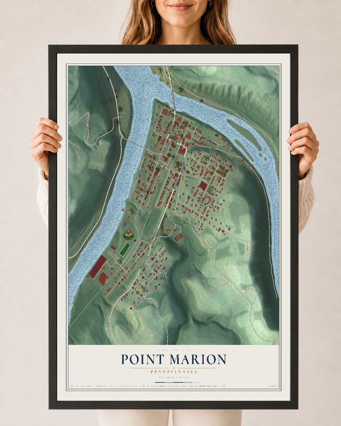 Map of Point Marion, Pennsylvania, 24 x 36 inch print in a black wood frame