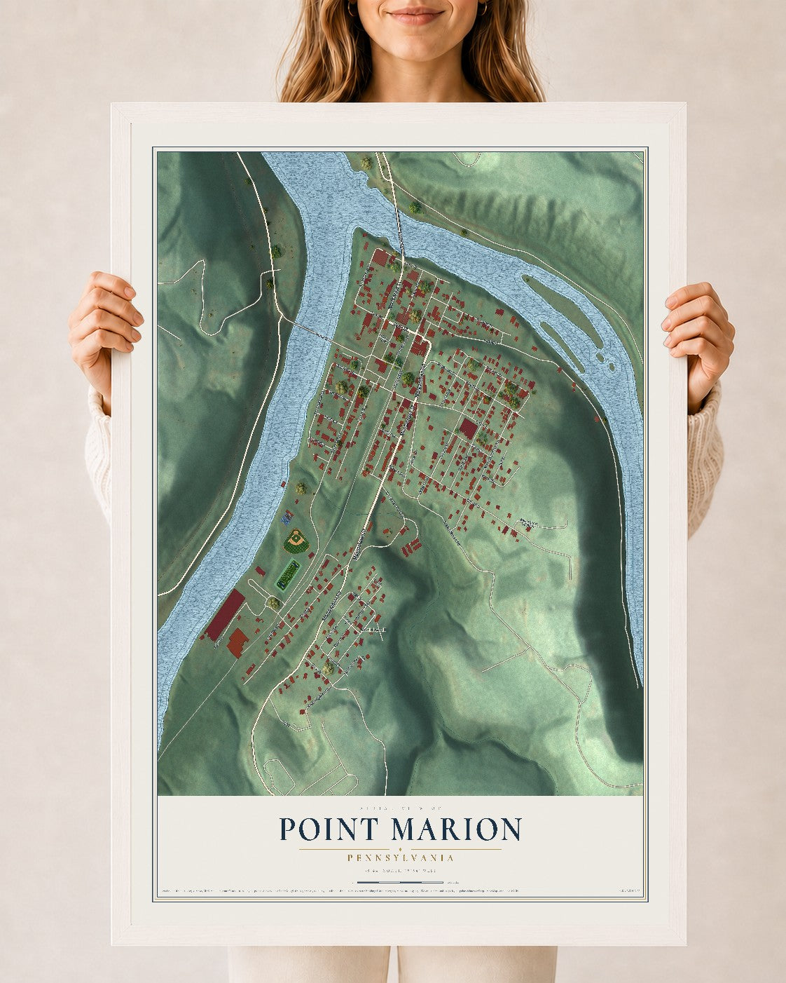 Map of Point Marion, Pennsylvania, 24 x 36 inch print in a white wood frame
