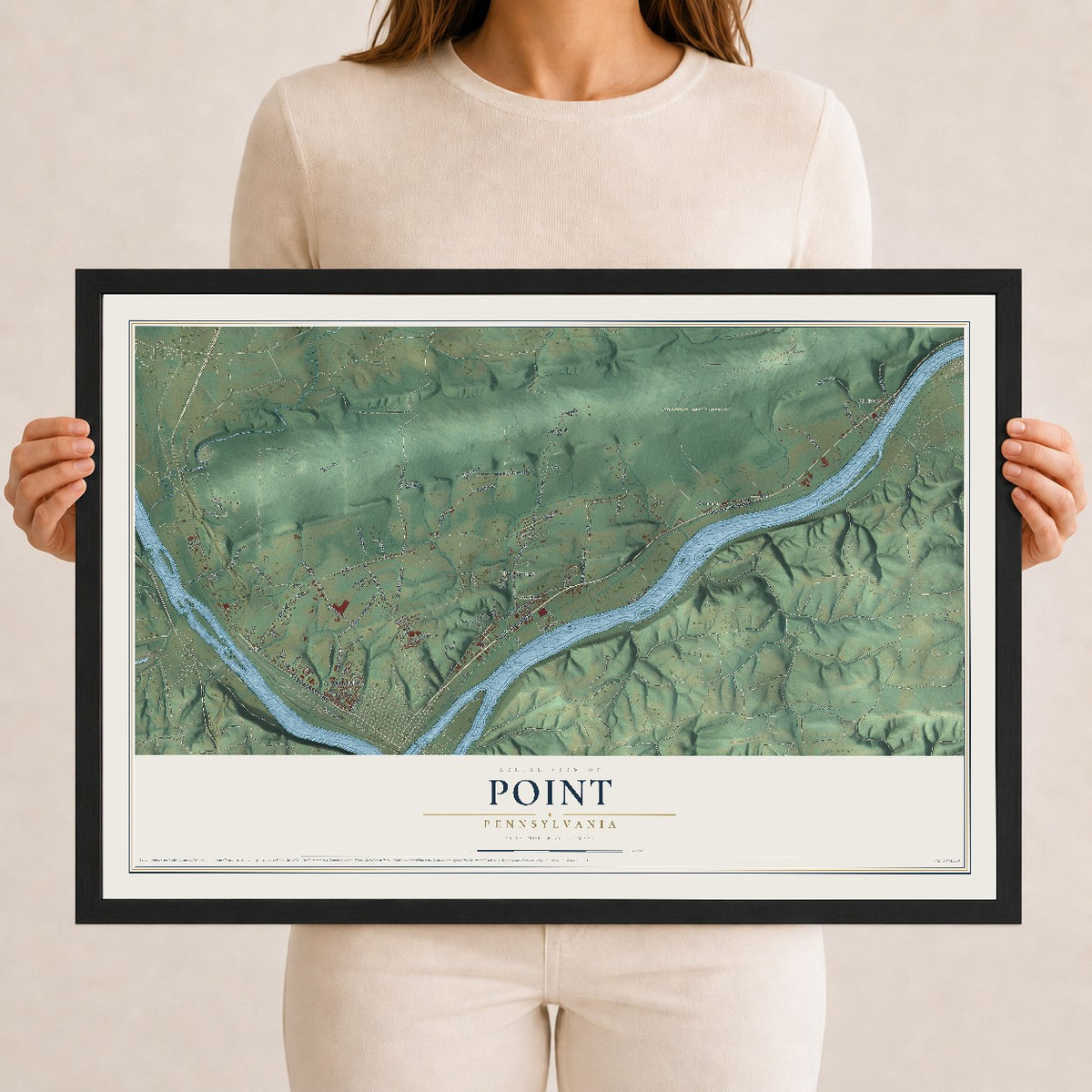 Map of Point, Pennsylvania, 12 x 18 inch print in a black wood frame