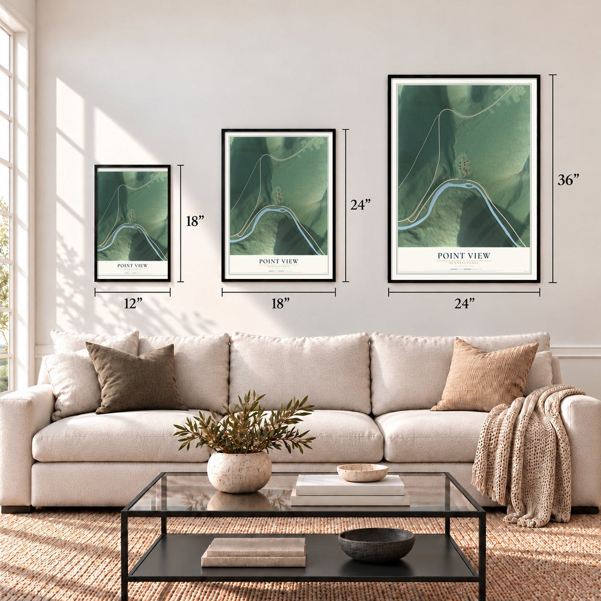 Point View, Pennsylvania map in 12 x 18, 18 x 24 and 24 x 36 inch sizes above a sofa