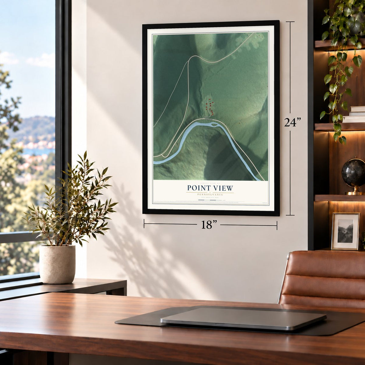 Point View, Pennsylvania map, 18 x 24 inch print in a black frame in a home office