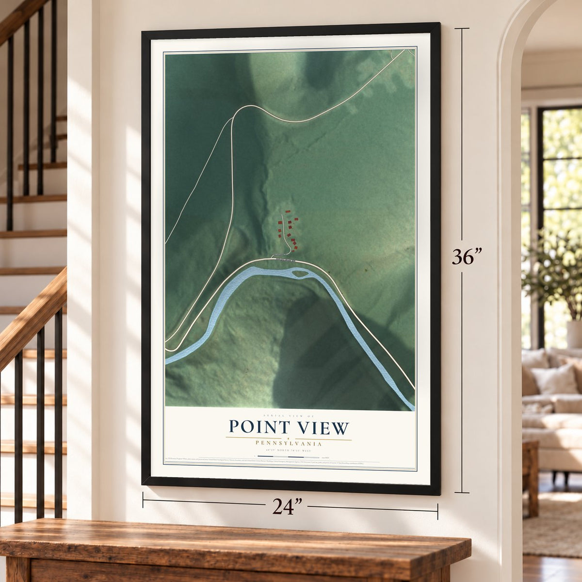 Point View, Pennsylvania map, 24 x 36 inch print in a black frame by a staircase
