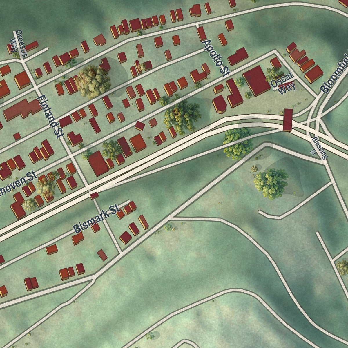 Close-up of the map of Polish Hill, Pennsylvania print showing street and building detail