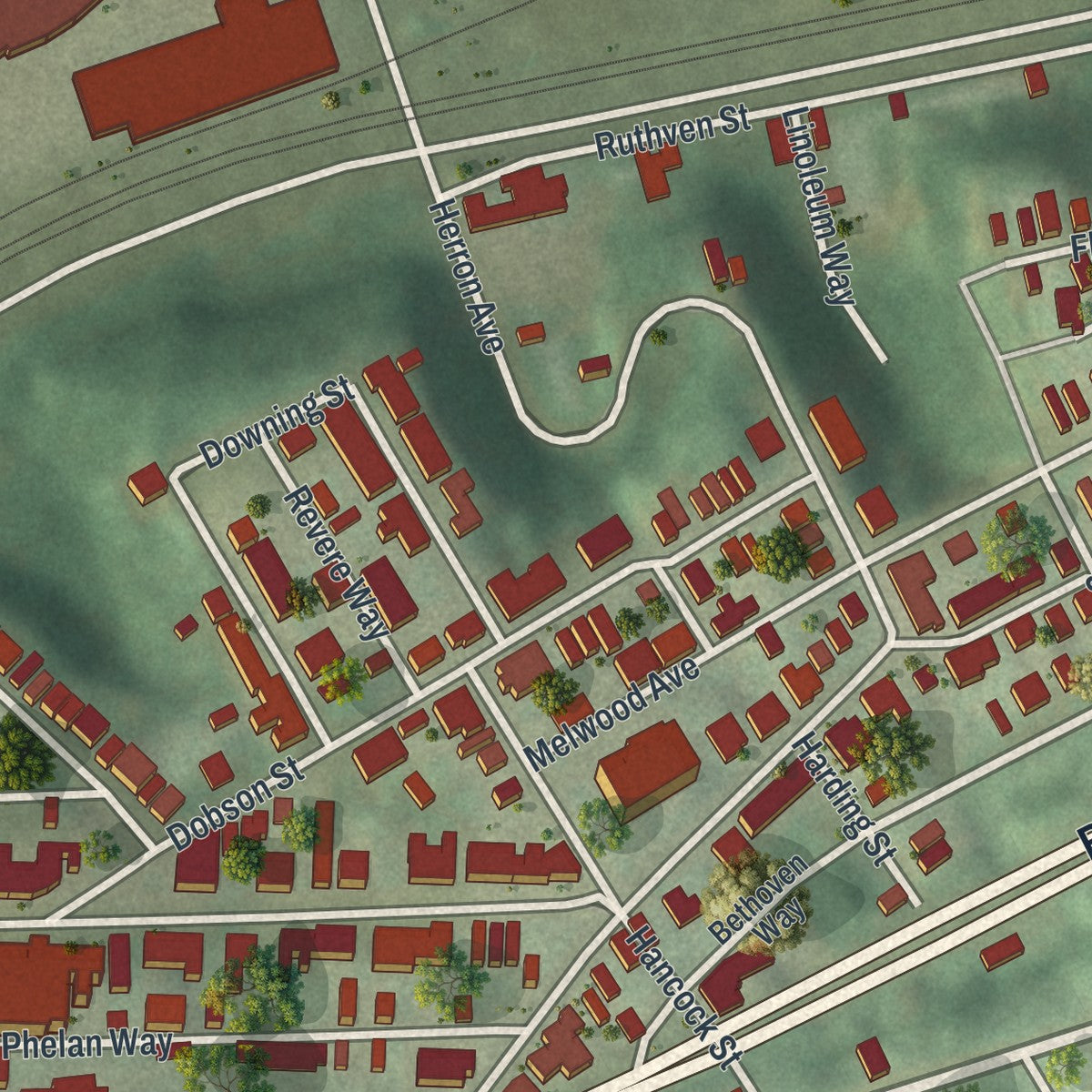 Second close-up of the map of Polish Hill, Pennsylvania print showing more streets and buildings