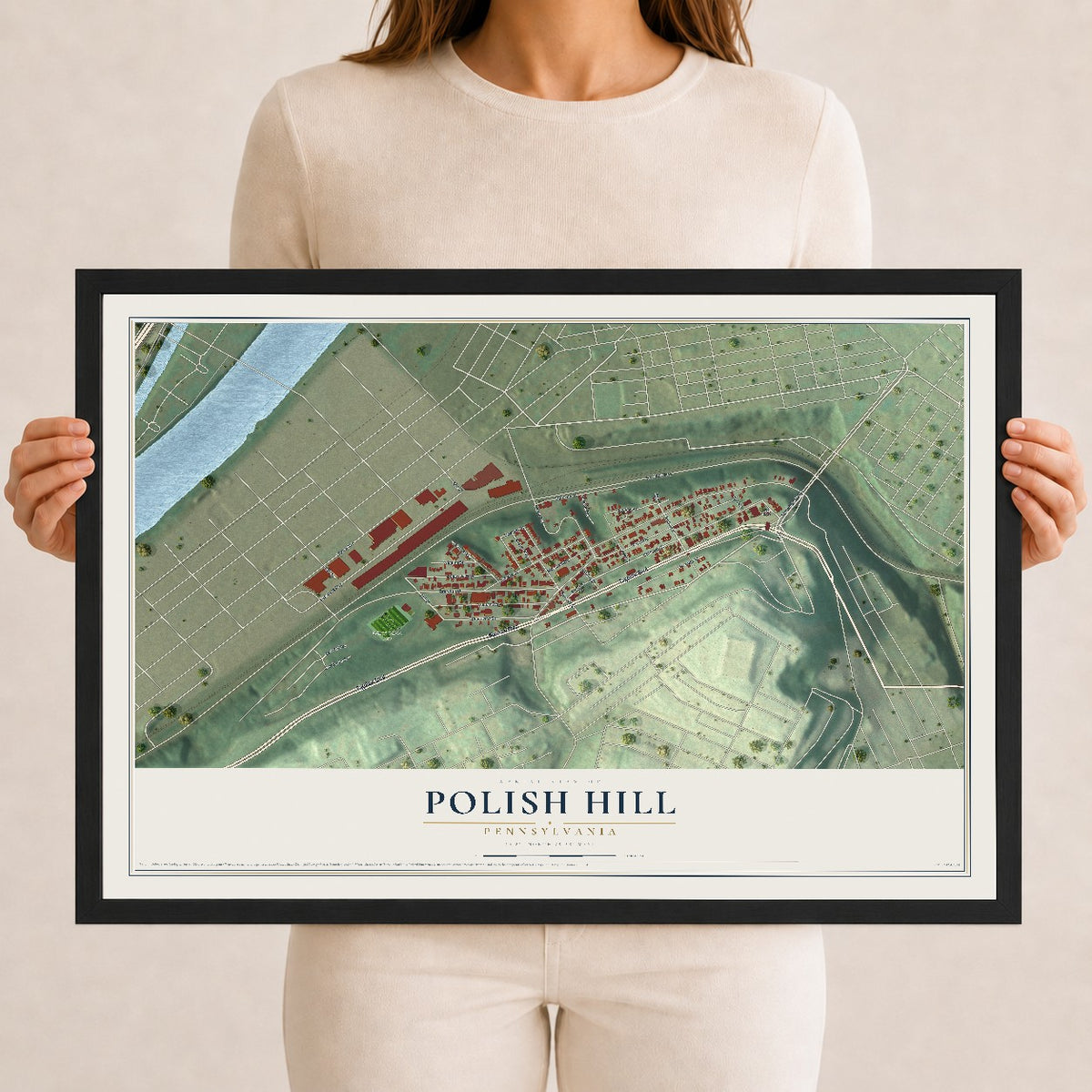 Map of Polish Hill, Pennsylvania, 12 x 18 inch print in a black wood frame