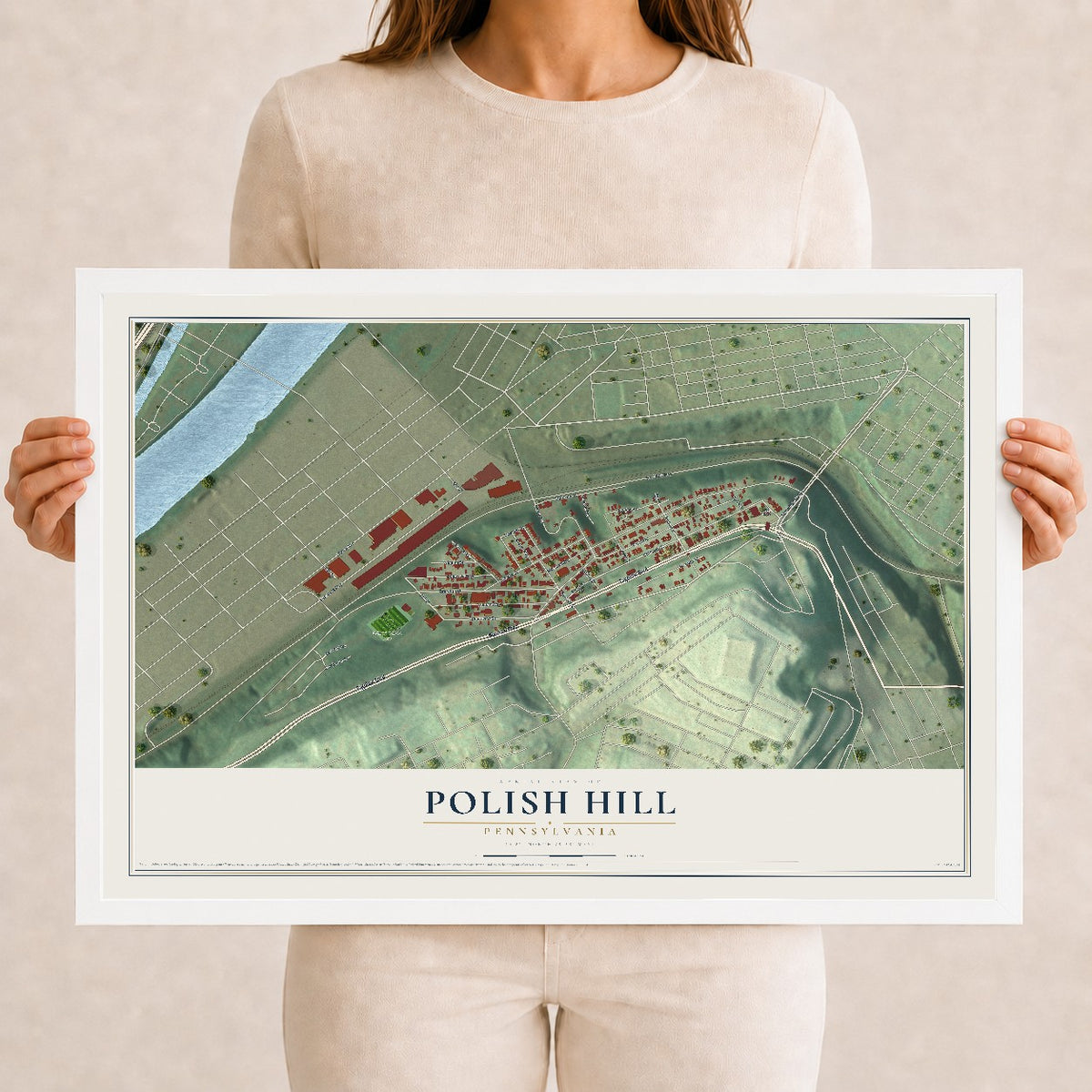 Map of Polish Hill, Pennsylvania, 12 x 18 inch print in a white wood frame