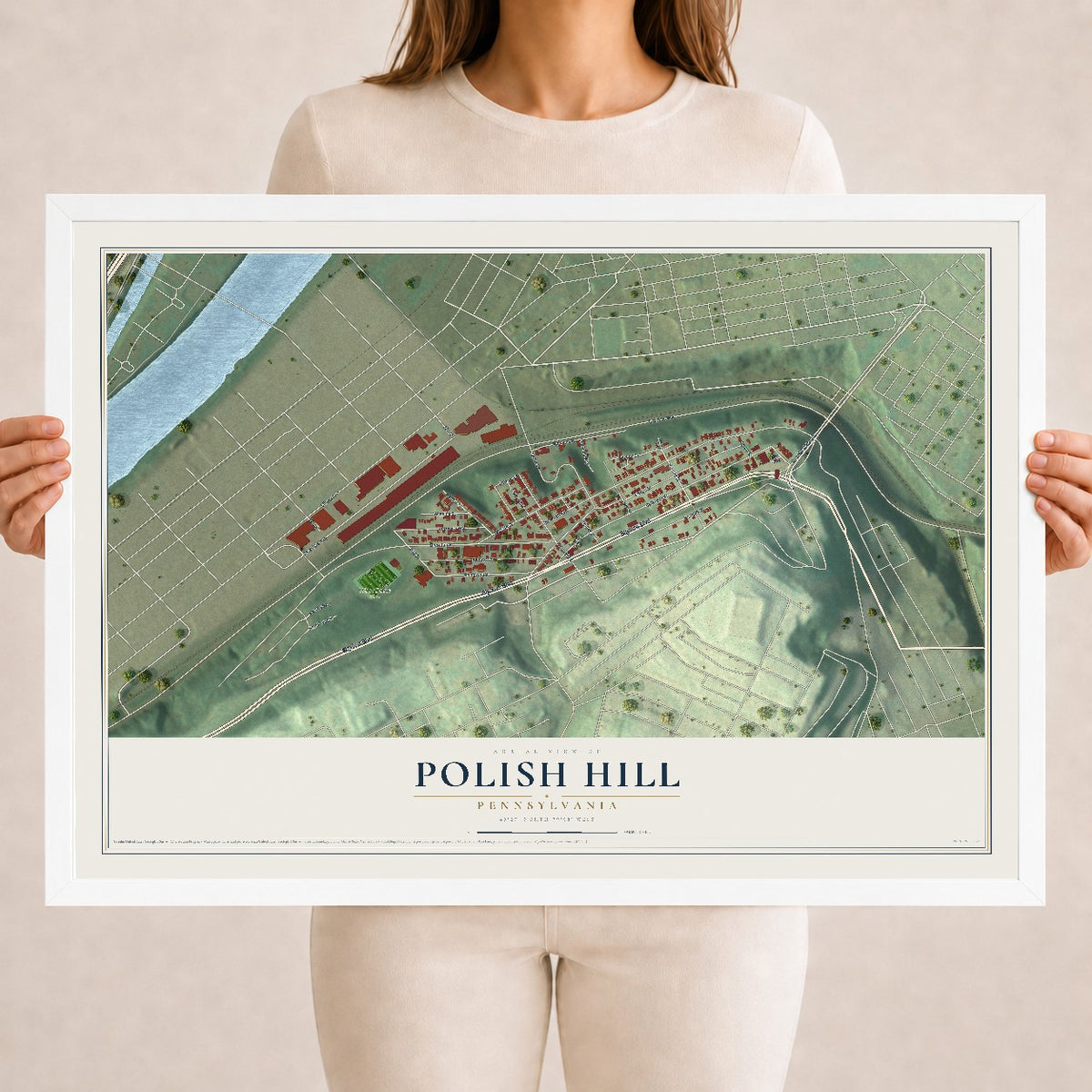 Map of Polish Hill, Pennsylvania, 18 x 24 inch print in a white wood frame