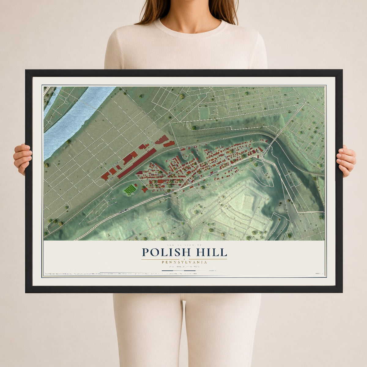 Map of Polish Hill, Pennsylvania, 24 x 36 inch print in a black wood frame