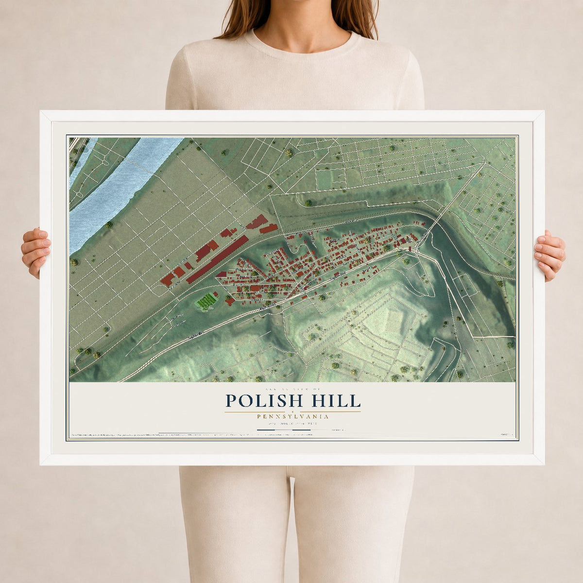 Map of Polish Hill, Pennsylvania, 24 x 36 inch print in a white wood frame