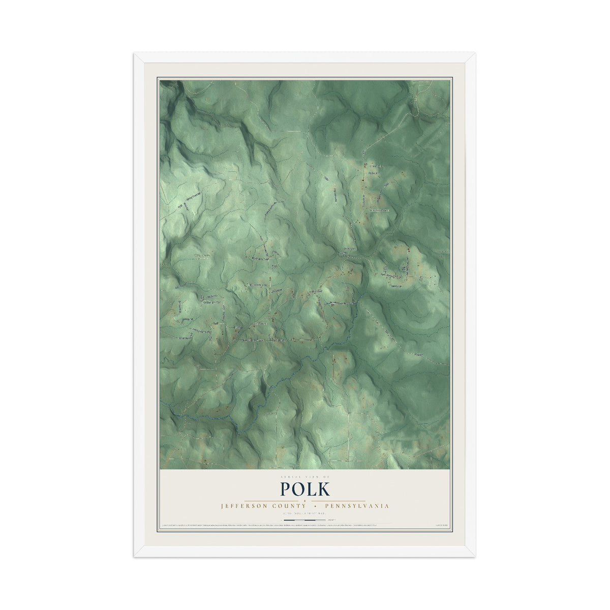 Map of Polk, Jefferson County, Pennsylvania, 12 x 18 inch print in a white wood frame