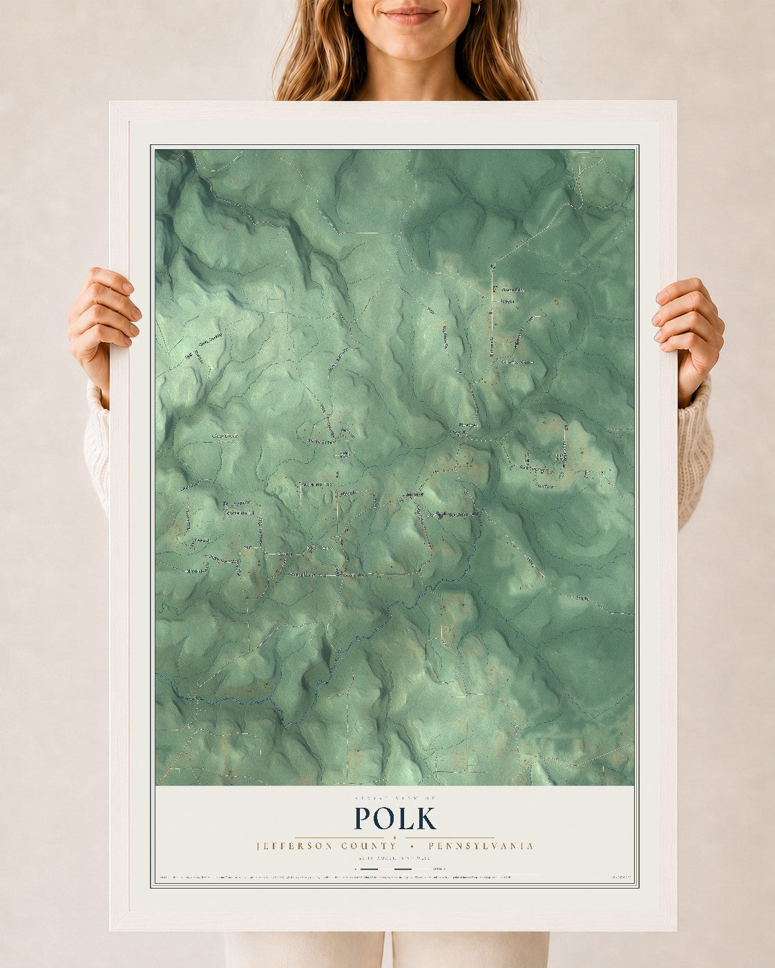 Map of Polk, Jefferson County, Pennsylvania, 24 x 36 inch print in a white wood frame