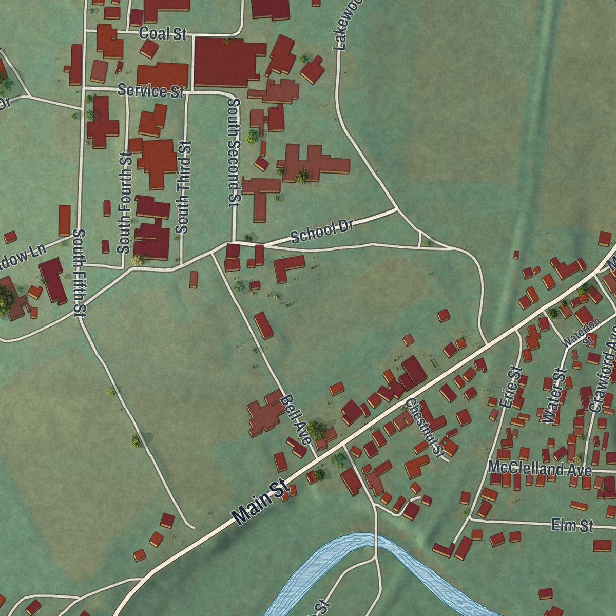 Close-up of the map of Polk, Venango County, Pennsylvania print showing street and building detail