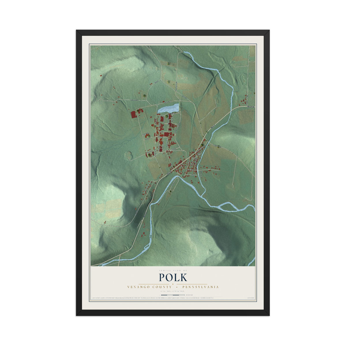 Map of Polk, Venango County, Pennsylvania, 12 x 18 inch print in a black wood frame