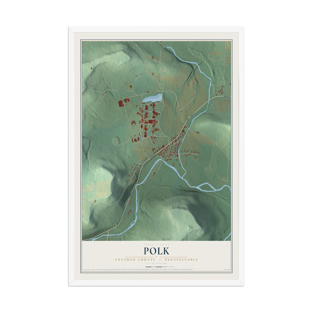 Map of Polk, Venango County, Pennsylvania, 12 x 18 inch print in a white wood frame