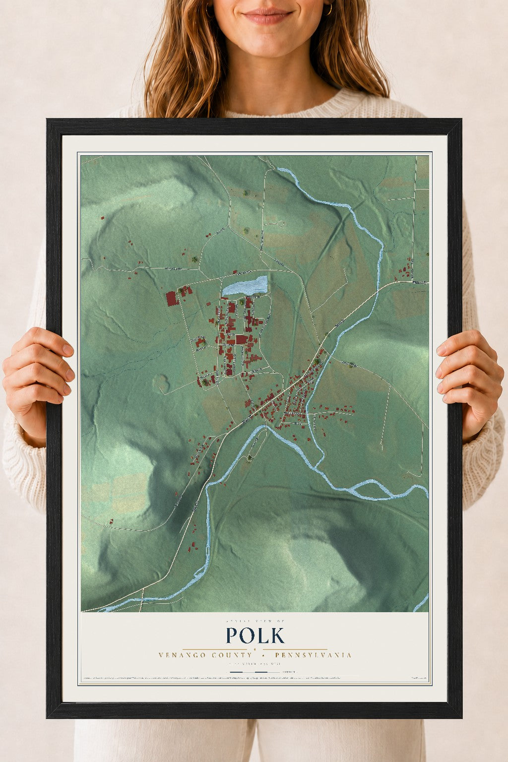 Map of Polk, Venango County, Pennsylvania, 18 x 24 inch print in a black wood frame