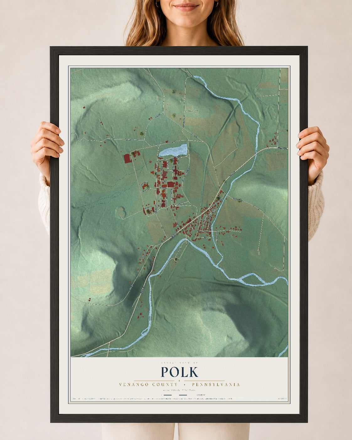 Map of Polk, Venango County, Pennsylvania, 24 x 36 inch print in a black wood frame