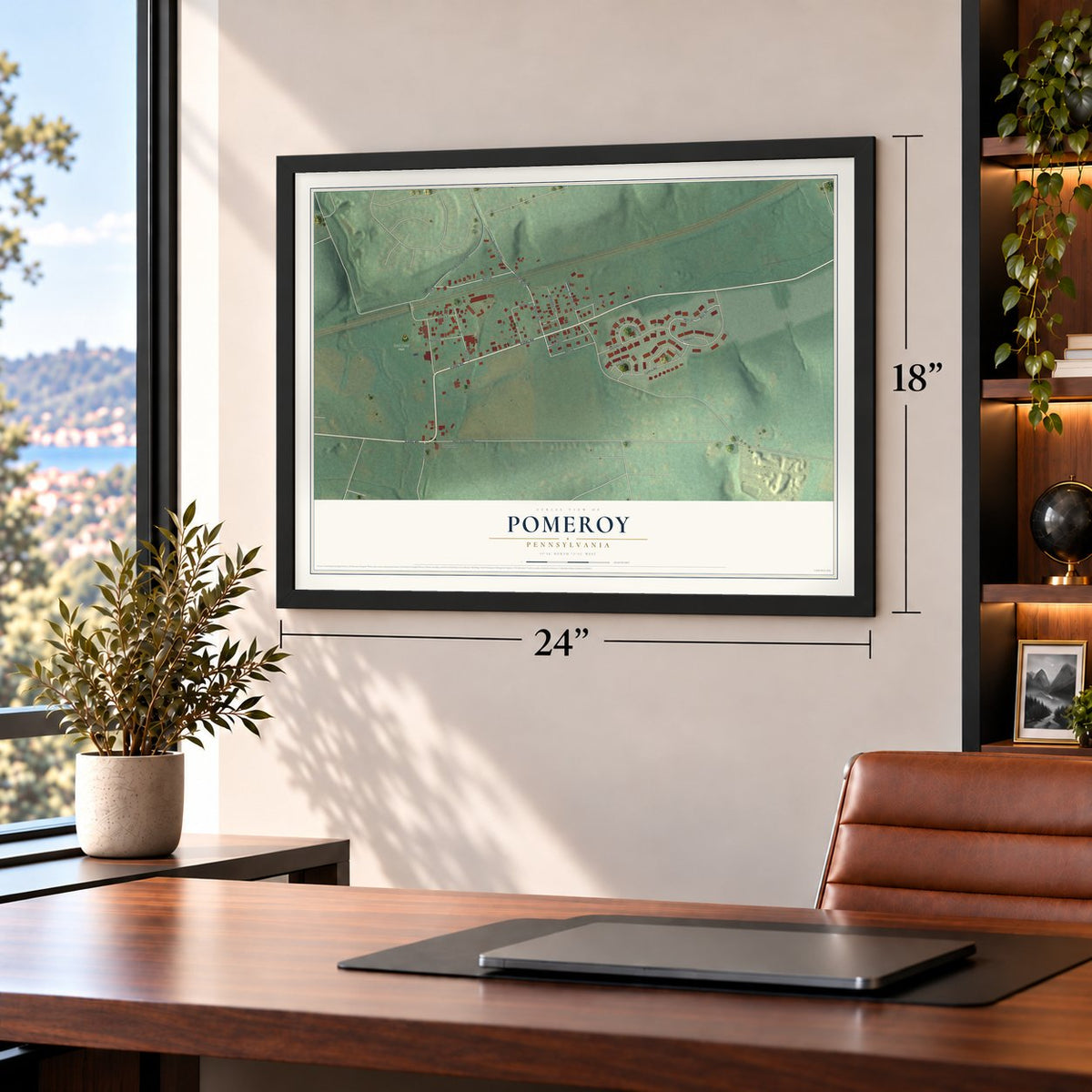 Pomeroy, Pennsylvania map, 18 x 24 inch print in a black frame in a home office