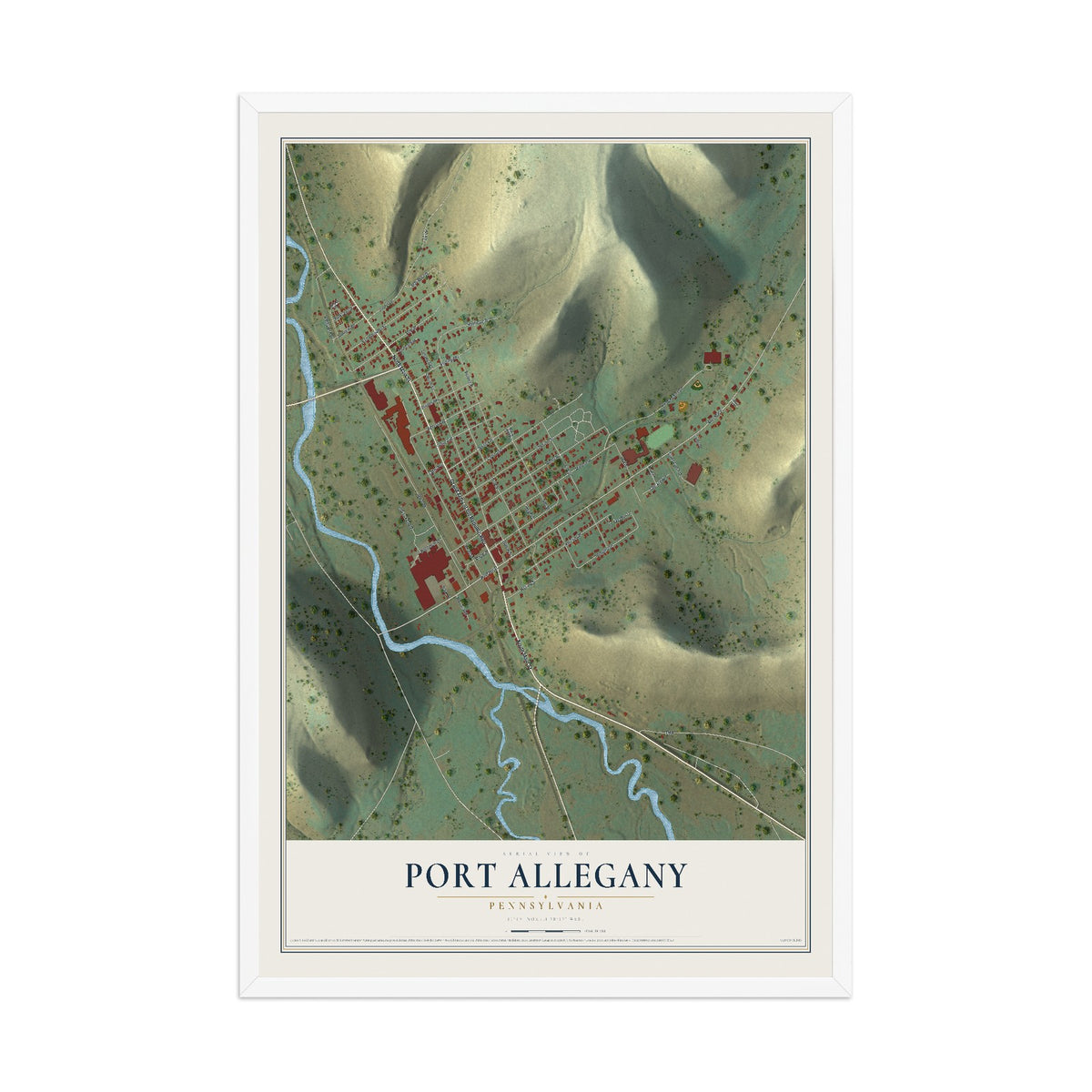 Map of Port Allegany, Pennsylvania, 12 x 18 inch print in a white wood frame