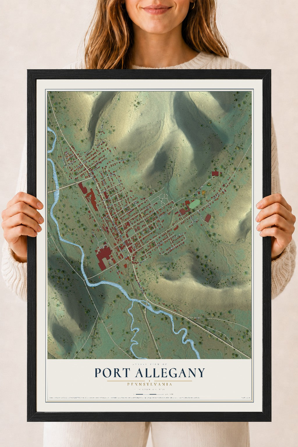 Map of Port Allegany, Pennsylvania, 18 x 24 inch print in a black wood frame