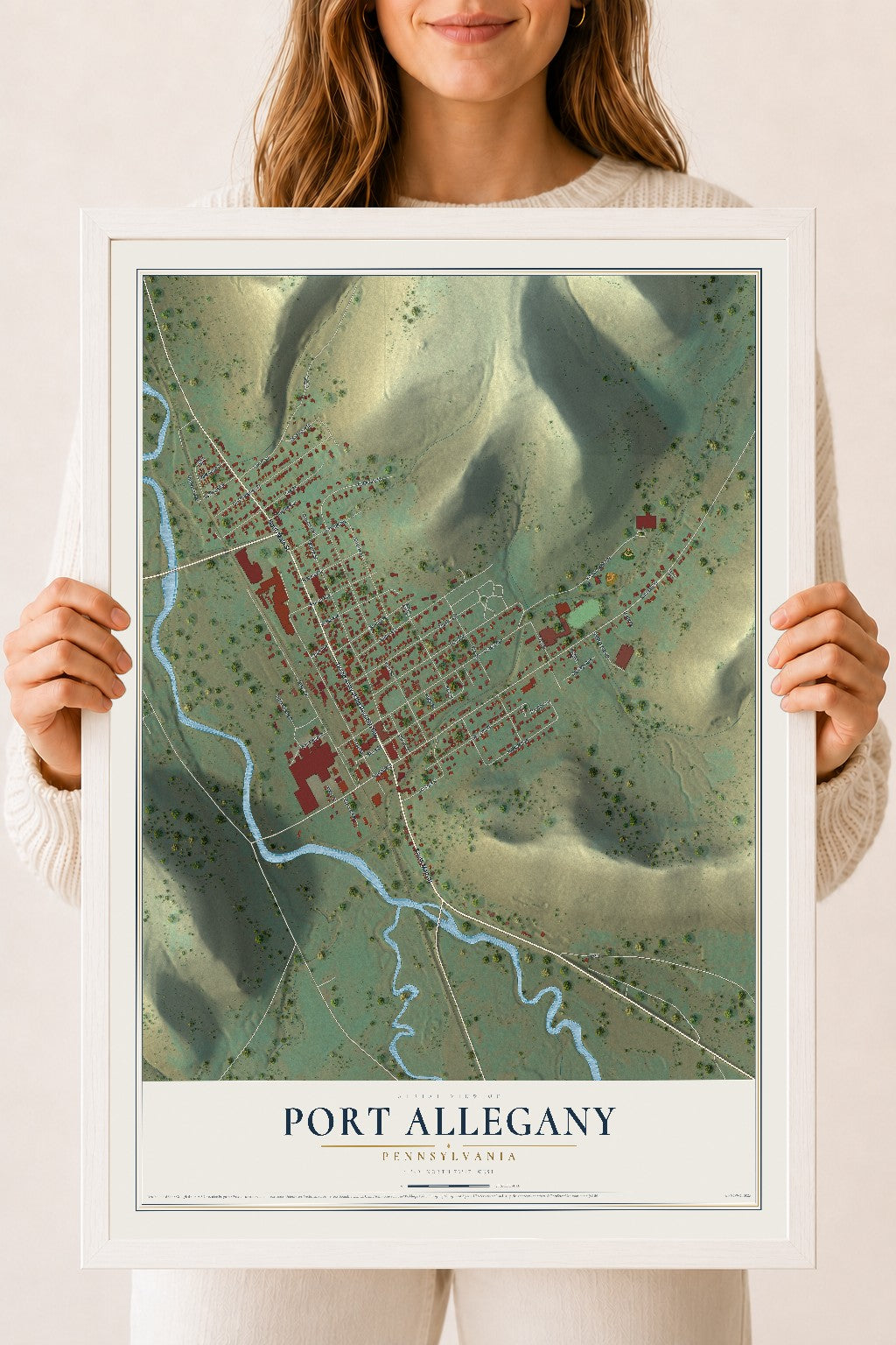 Map of Port Allegany, Pennsylvania, 18 x 24 inch print in a white wood frame
