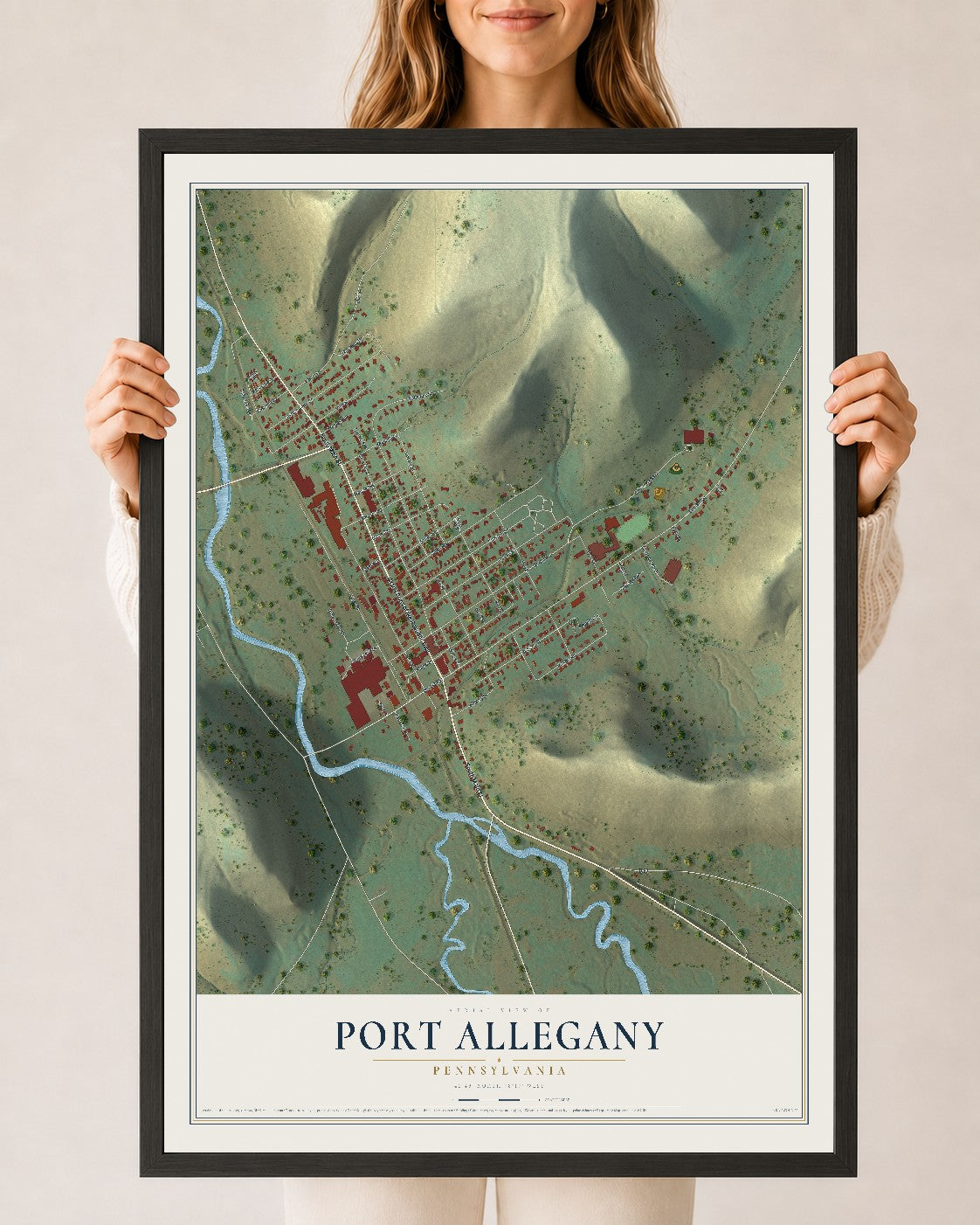 Map of Port Allegany, Pennsylvania, 24 x 36 inch print in a black wood frame