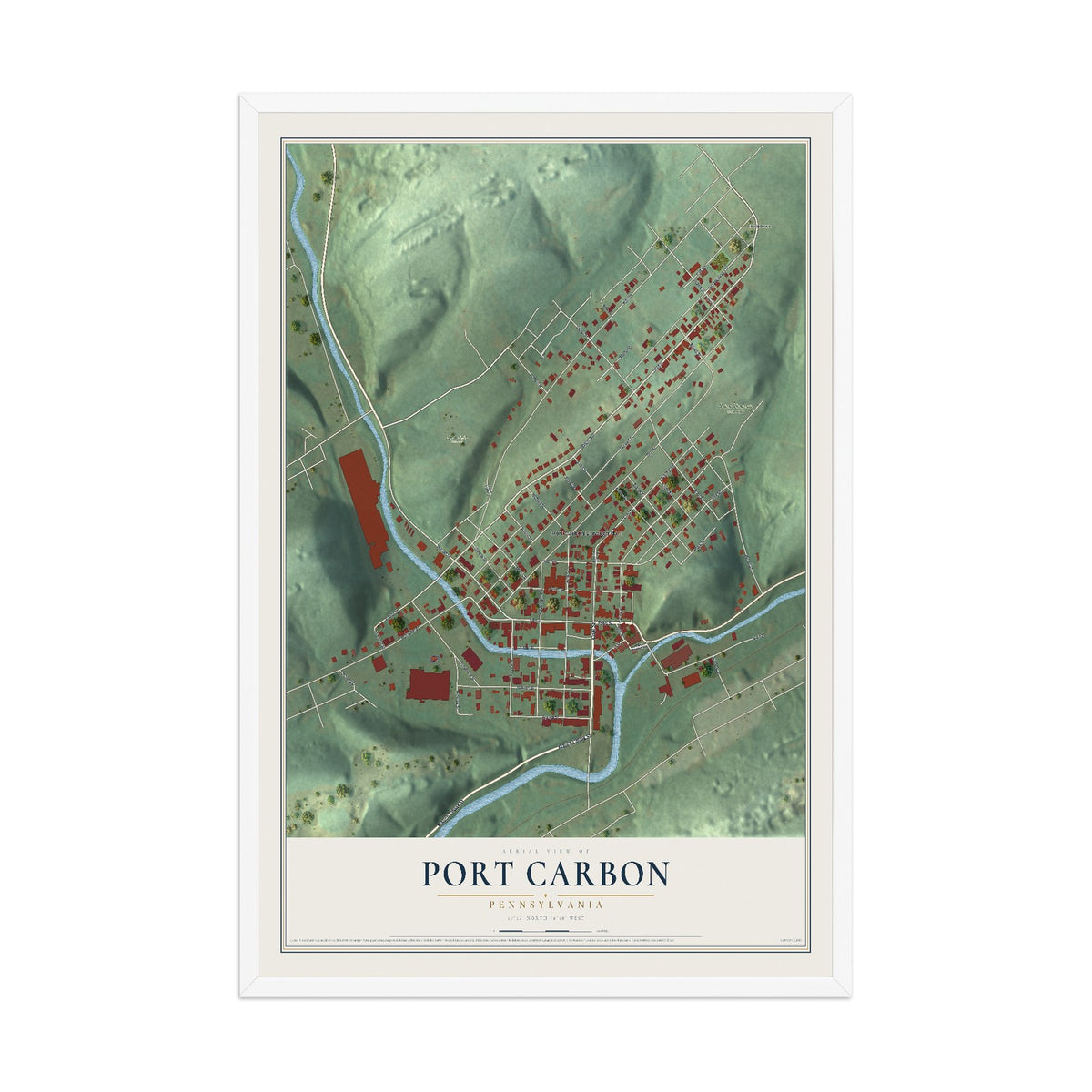 Map of Port Carbon, Pennsylvania, 12 x 18 inch print in a white wood frame