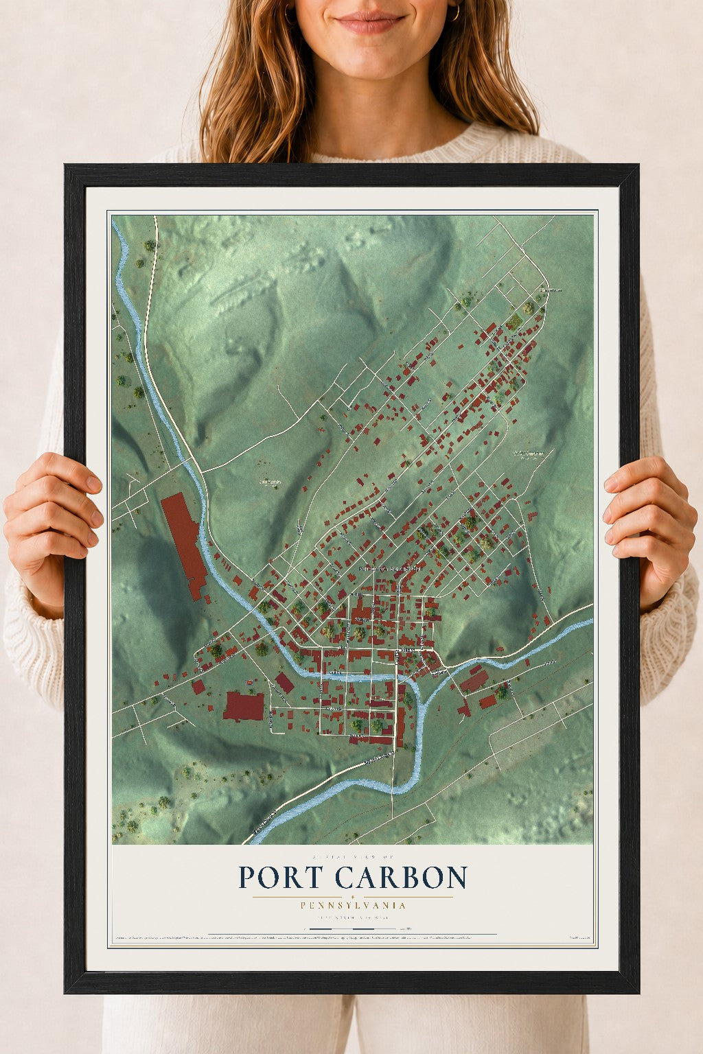 Map of Port Carbon, Pennsylvania, 18 x 24 inch print in a black wood frame