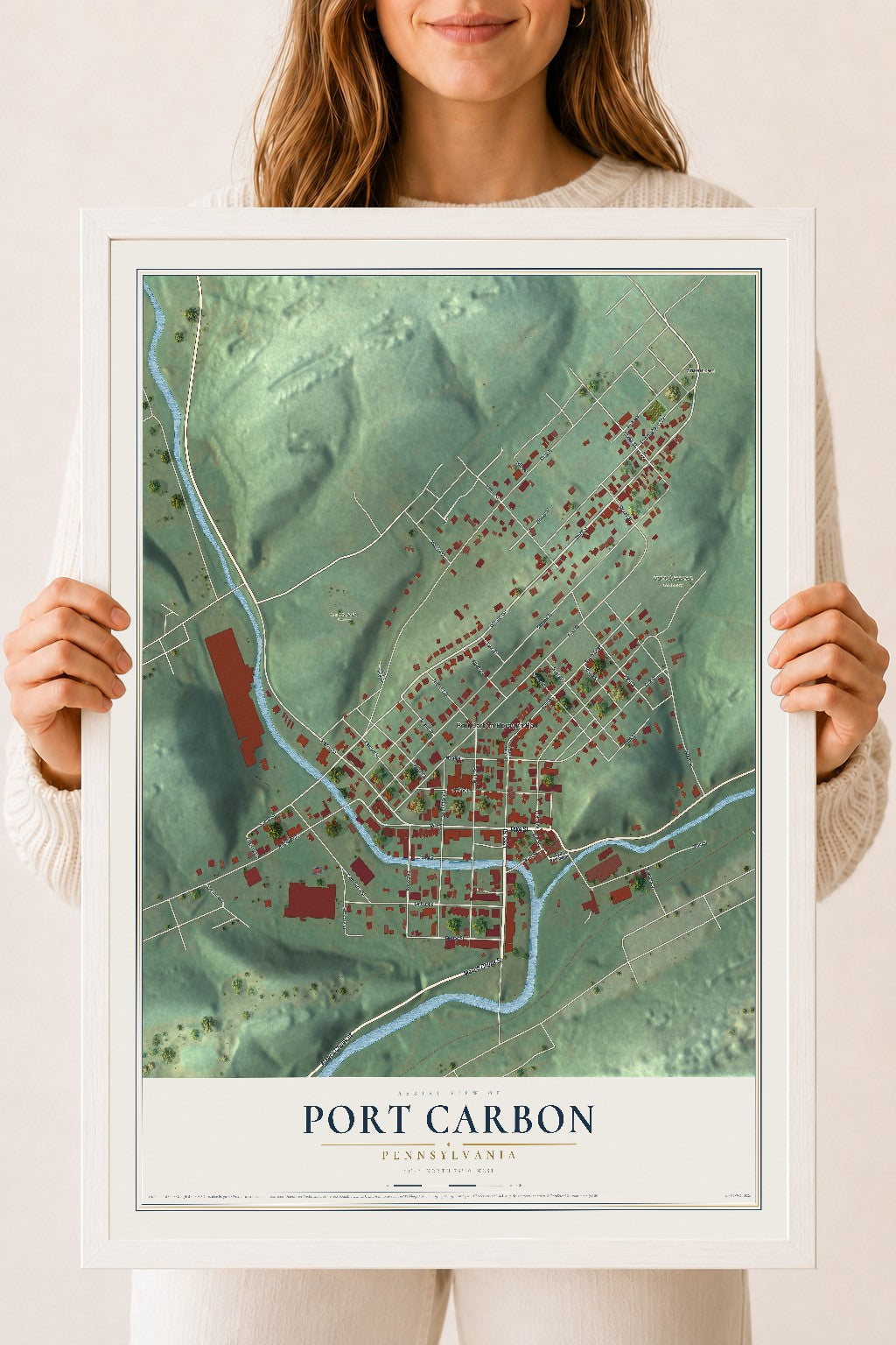 Map of Port Carbon, Pennsylvania, 18 x 24 inch print in a white wood frame