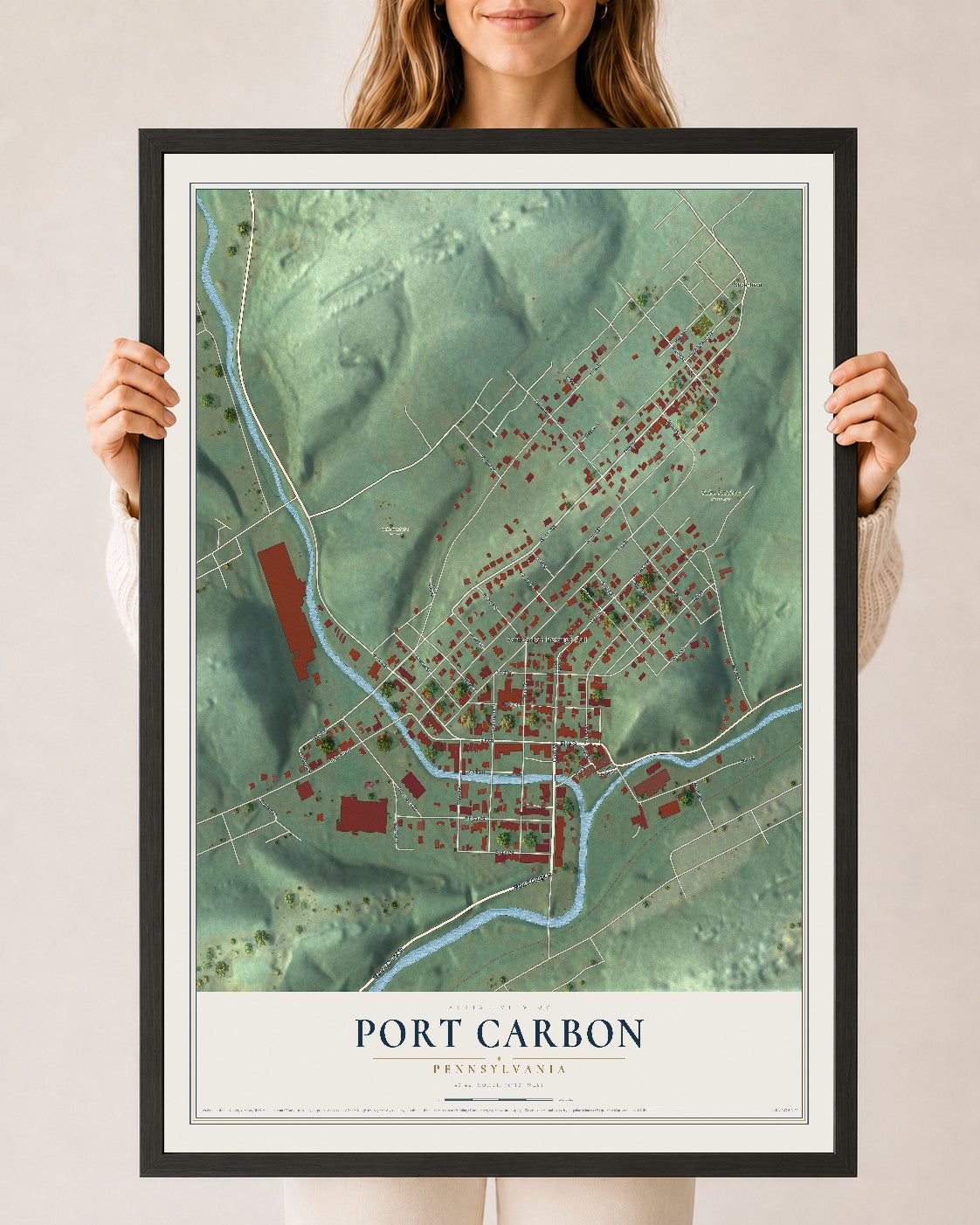 Map of Port Carbon, Pennsylvania, 24 x 36 inch print in a black wood frame