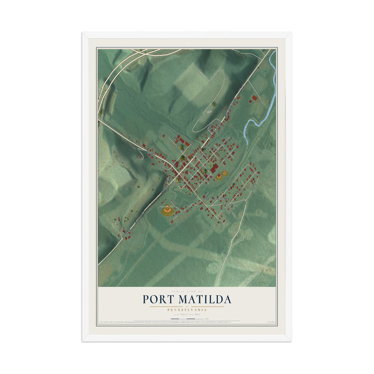 Map of Port Matilda, Pennsylvania, 12 x 18 inch print in a white wood frame