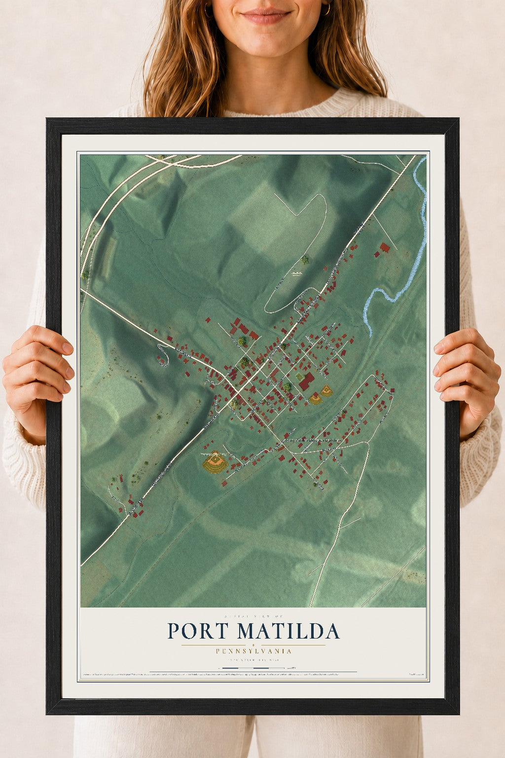 Map of Port Matilda, Pennsylvania, 18 x 24 inch print in a black wood frame