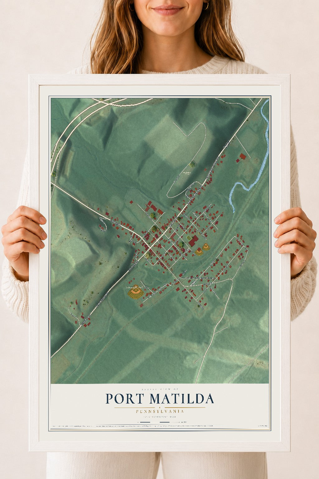 Map of Port Matilda, Pennsylvania, 18 x 24 inch print in a white wood frame
