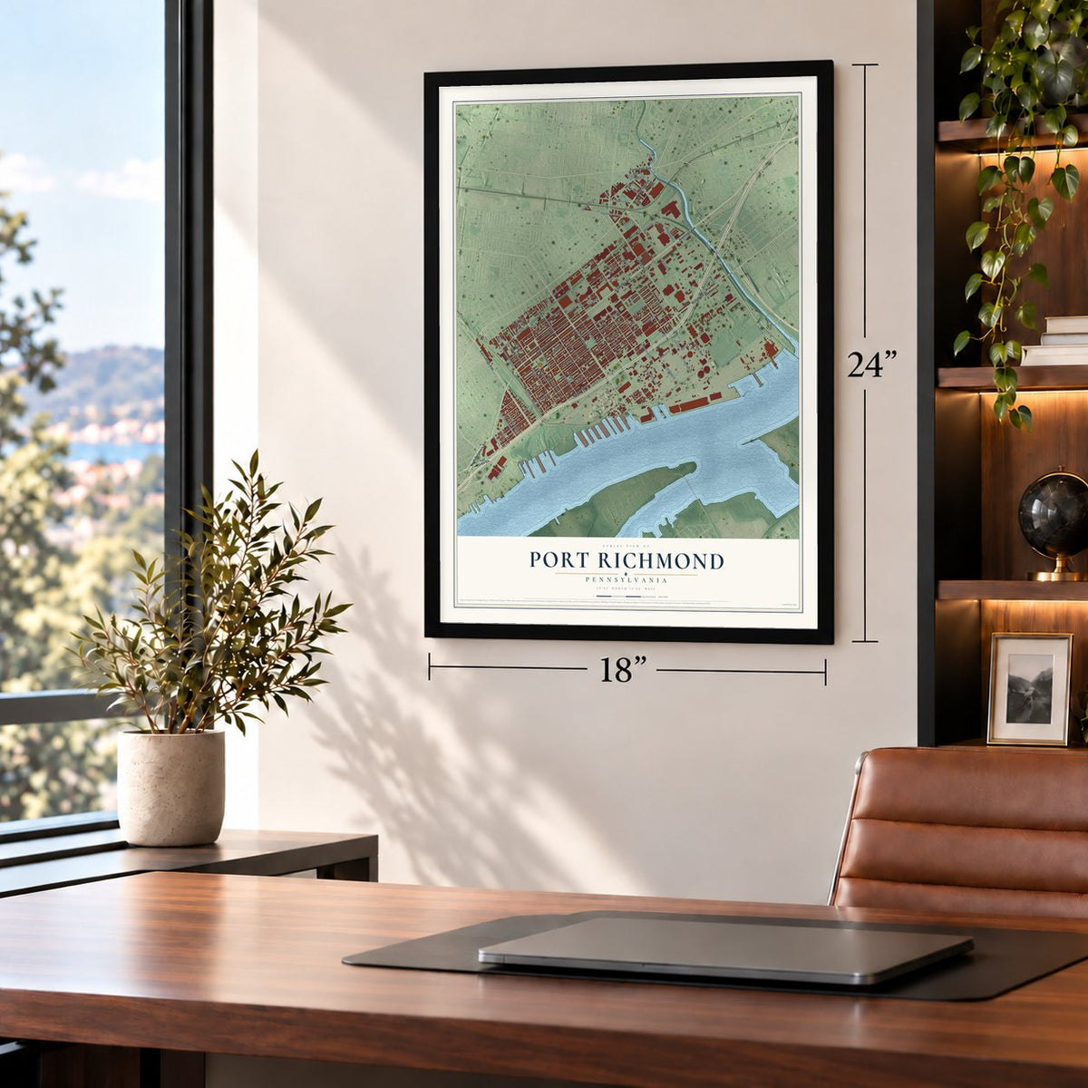 Port Richmond, Pennsylvania map, 18 x 24 inch print in a black frame in a home office