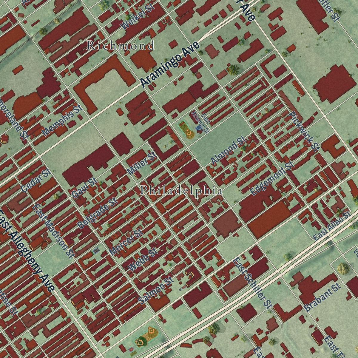 Close-up of the map of Port Richmond, Pennsylvania print showing street and building detail