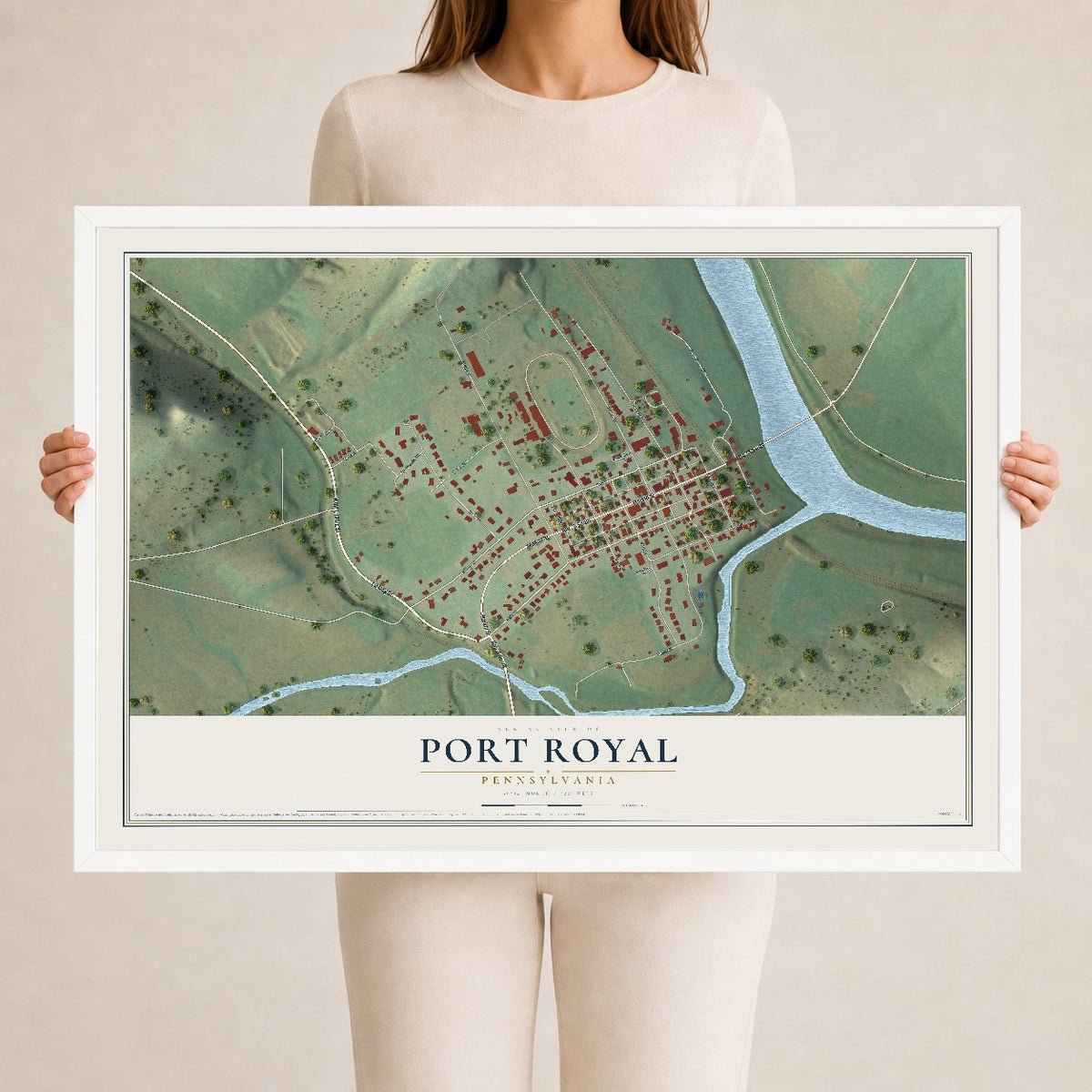 Map of Port Royal, Pennsylvania, 24 x 36 inch print in a white wood frame