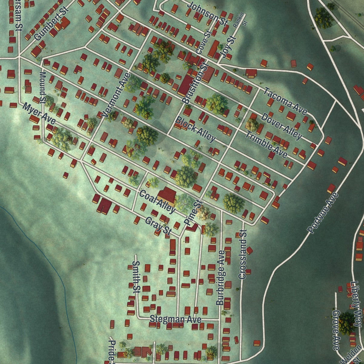 Second close-up of the map of Port Vue, Pennsylvania print showing more streets and buildings