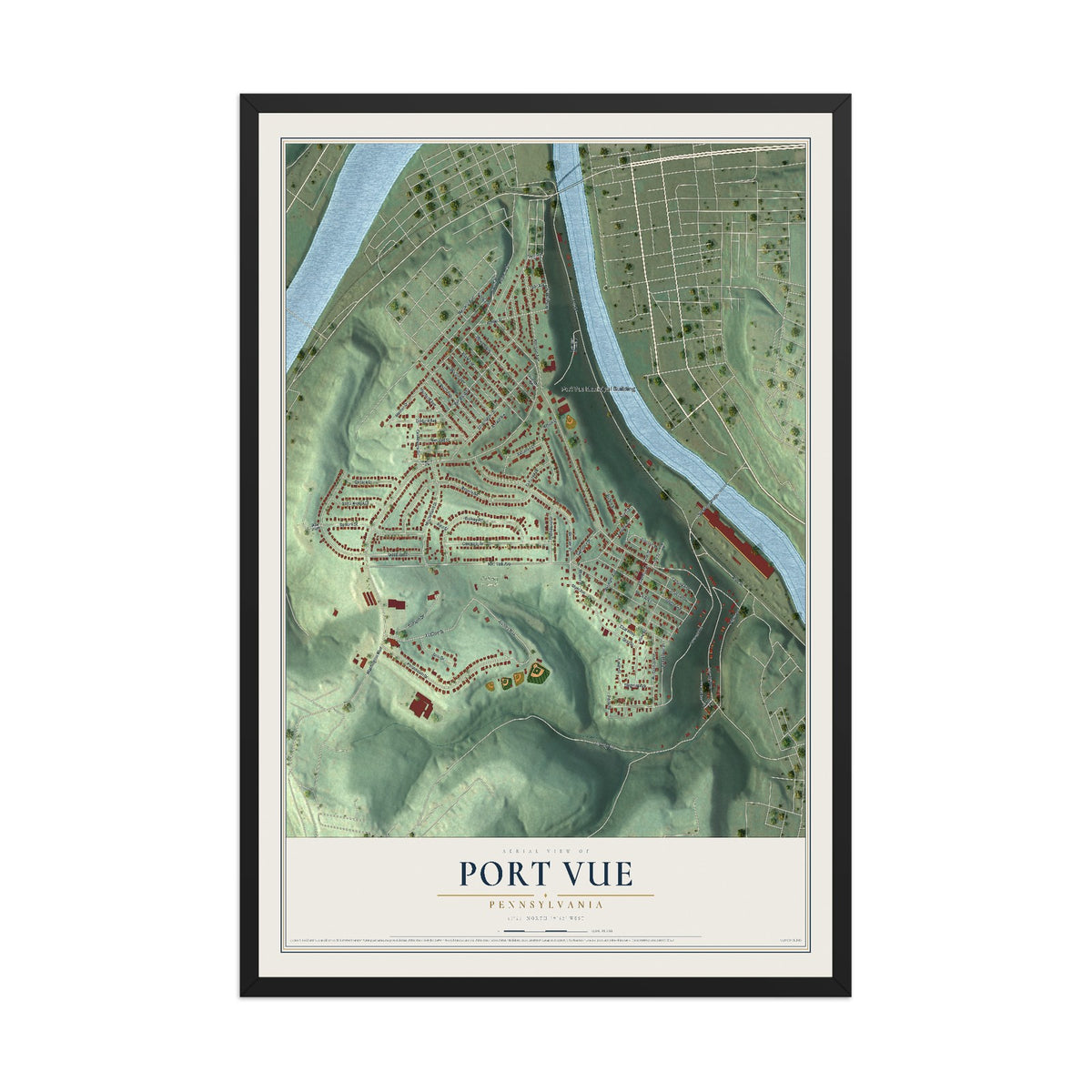 Map of Port Vue, Pennsylvania, 12 x 18 inch print in a black wood frame