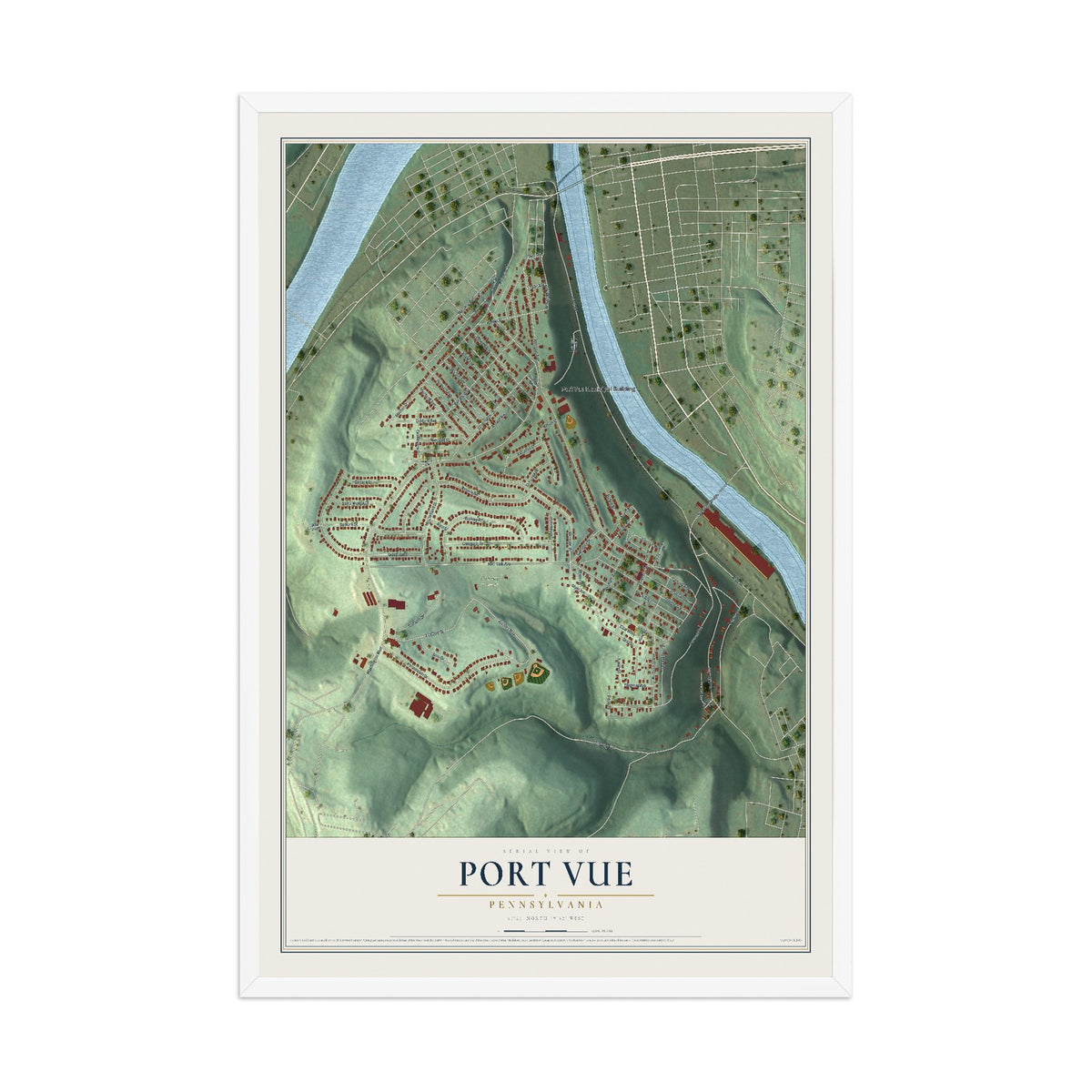 Map of Port Vue, Pennsylvania, 12 x 18 inch print in a white wood frame