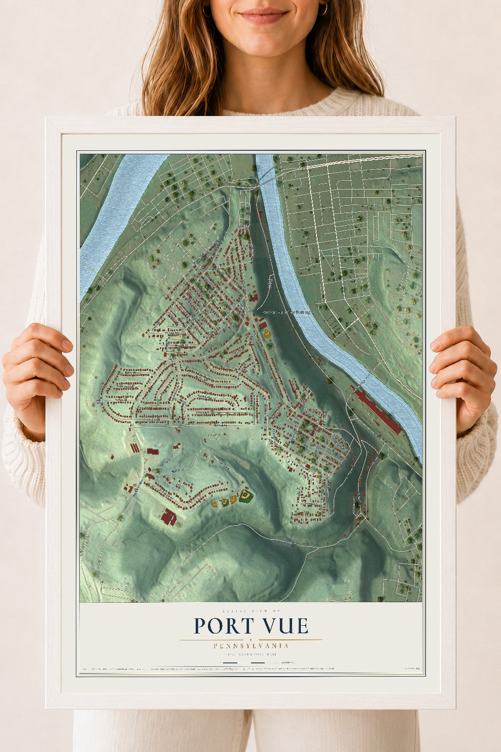 Map of Port Vue, Pennsylvania, 18 x 24 inch print in a white wood frame
