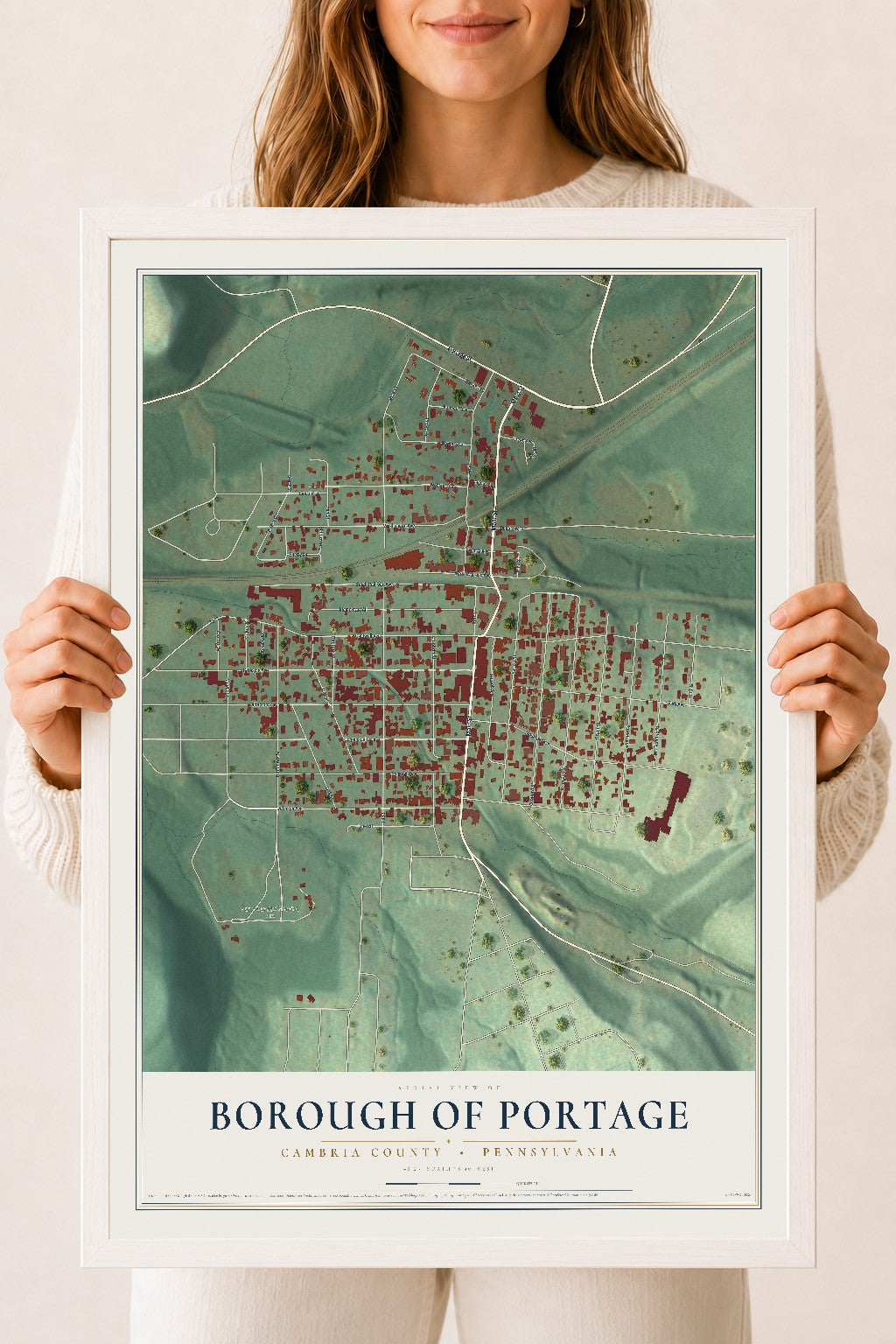Map of the Borough of Portage, Cambria County, Pennsylvania, 18 x 24 inch print in a white wood frame
